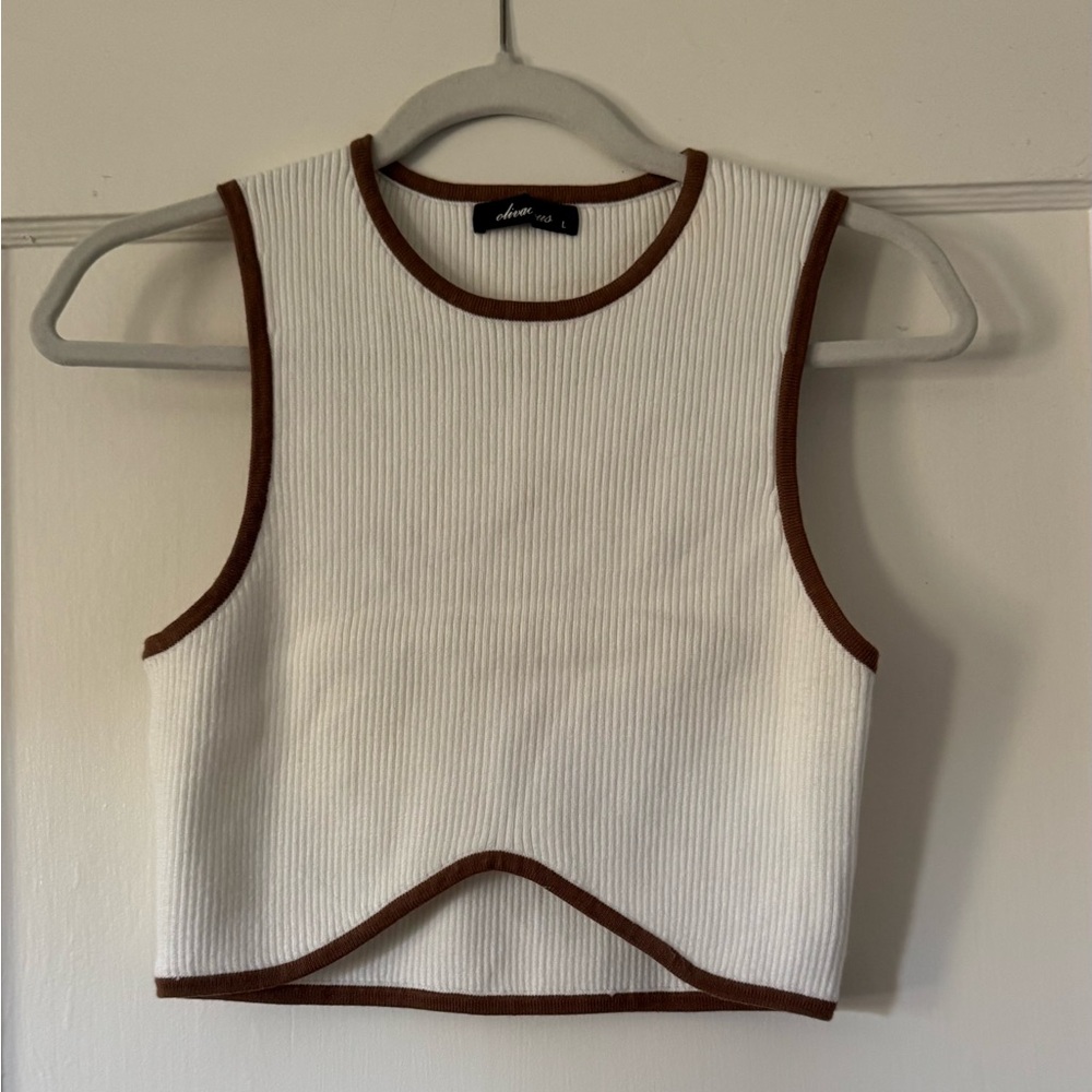 Olivaceous White Ribbed Tank with Brown Trim